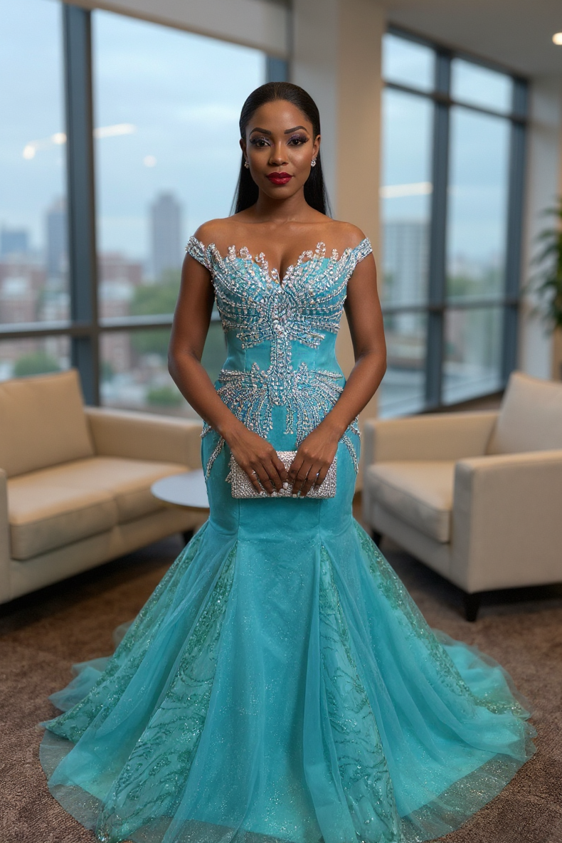 Attractive Blue Off-the-Shoulder Sweetheart Mermaid Evening Dresses with Rhinestones