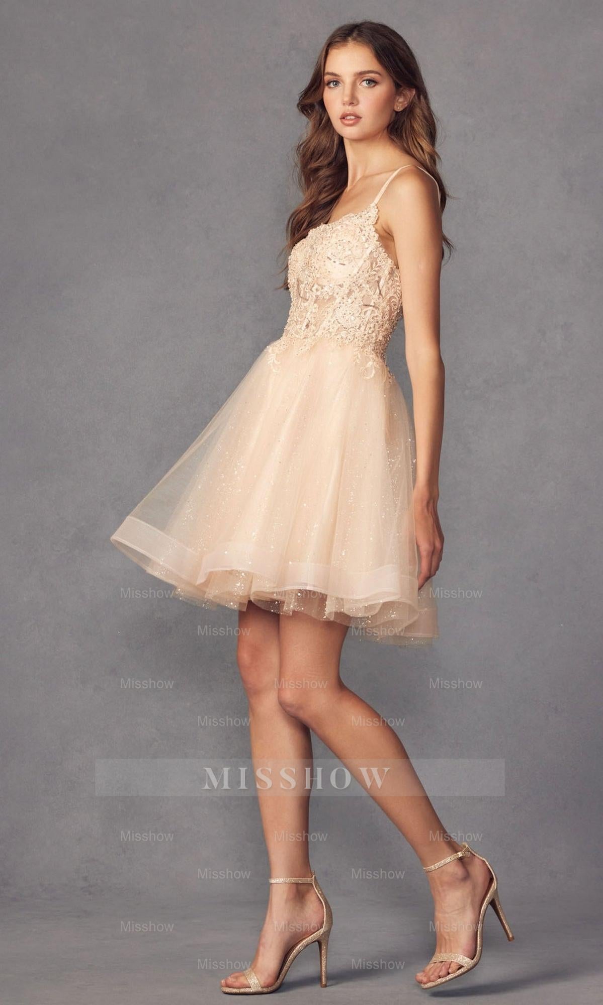 Attractive Champagne Spaghetti Strap Applique Knee Length Formal Dress