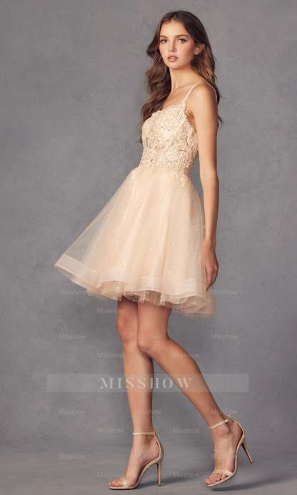 Attractive Champagne Spaghetti Strap Applique Knee Length Formal Dress