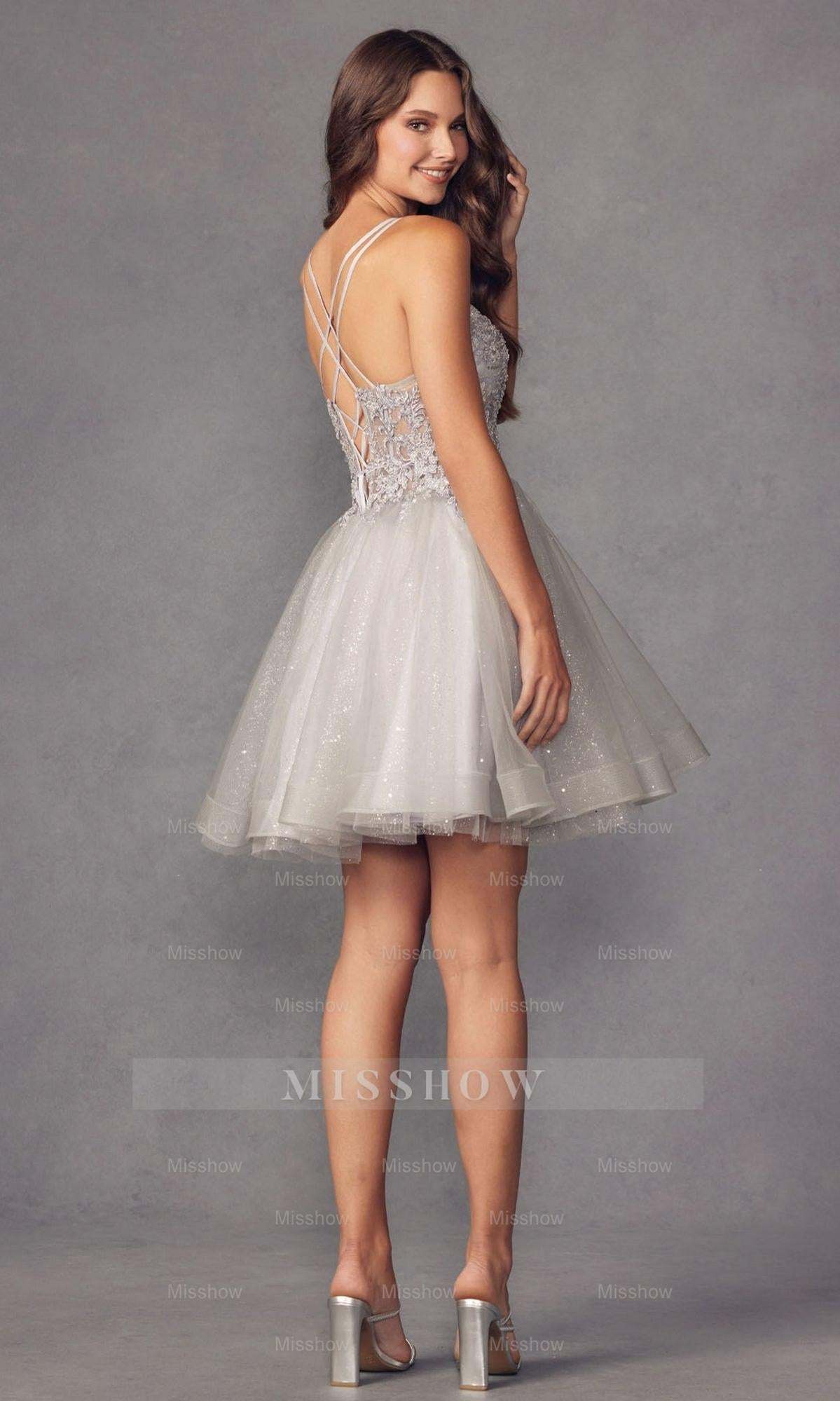 Attractive Champagne Spaghetti Strap Applique Knee Length Formal Dress