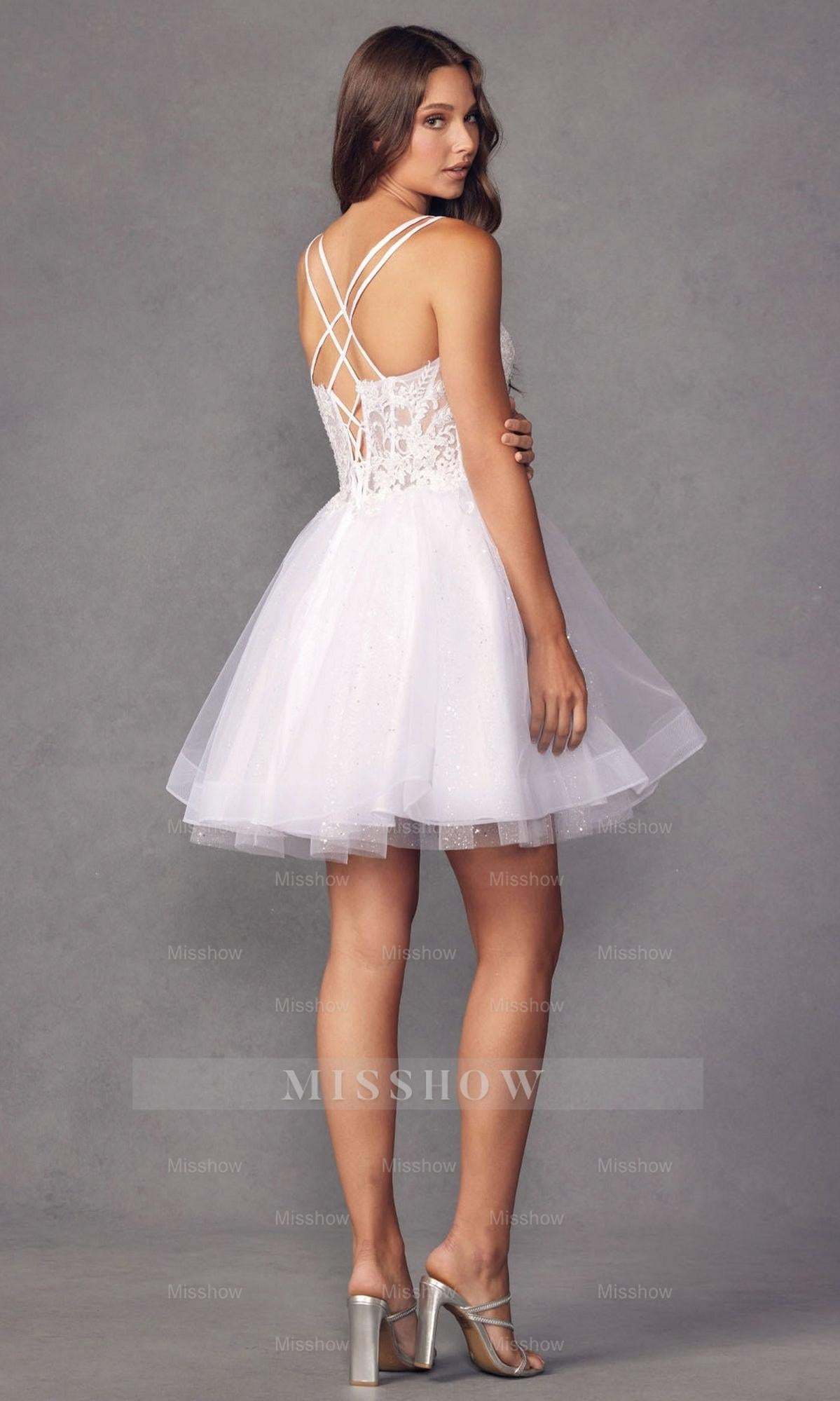 Attractive Champagne Spaghetti Strap Applique Knee Length Formal Dress