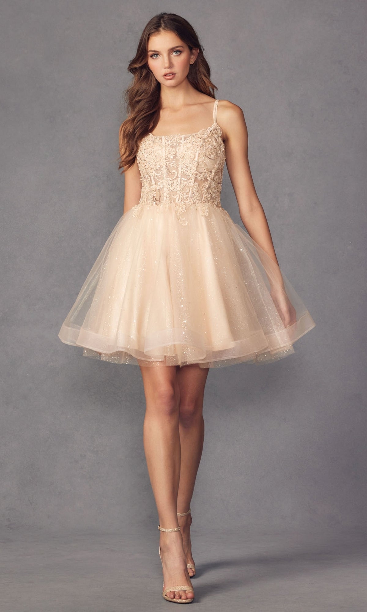 Attractive Champagne Spaghetti Strap Applique Knee Length Formal Dress