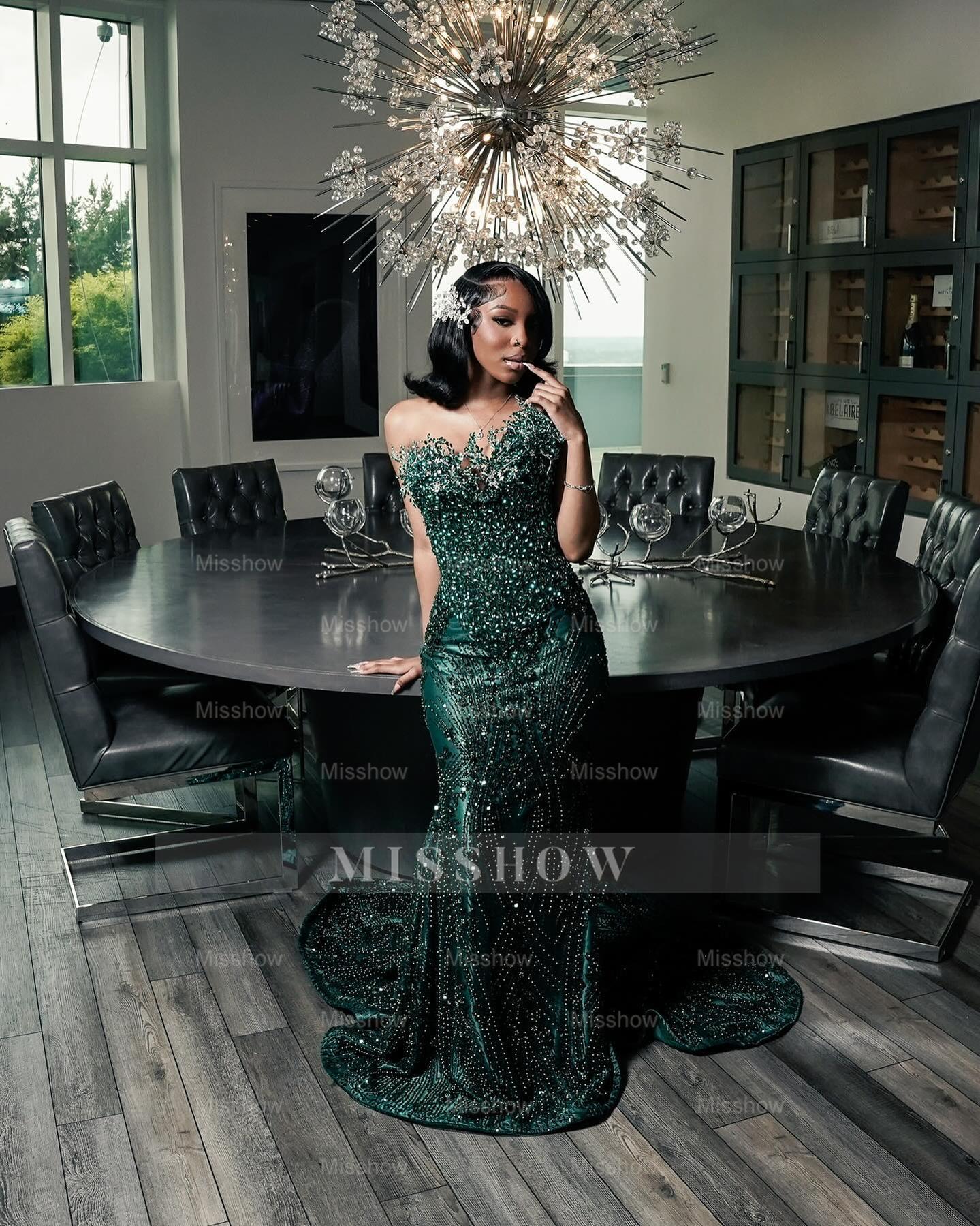 Attractive Dark Green Strapless Beaded Lace Long Prom Dress