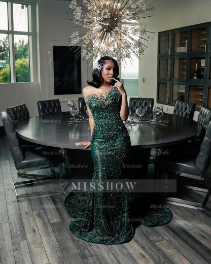 Attractive Dark Green Strapless Beaded Lace Long Prom Dress