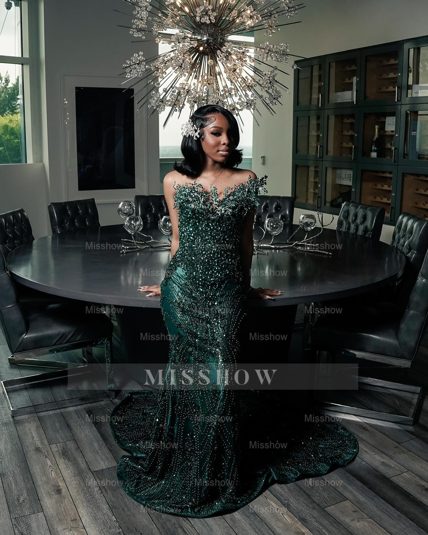 Attractive Dark Green Strapless Beaded Lace Long Prom Dress