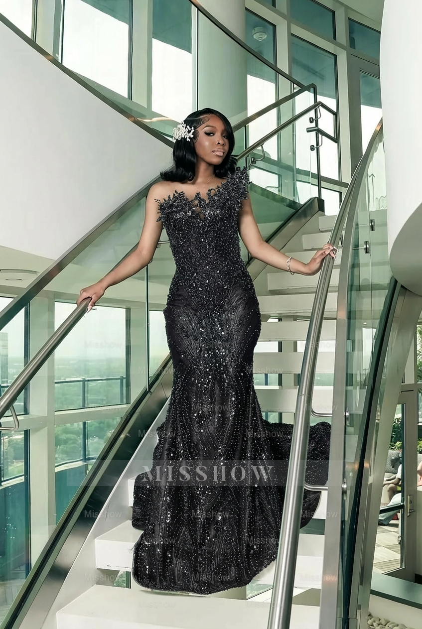Attractive Dark Green Strapless Beaded Lace Long Prom Dress