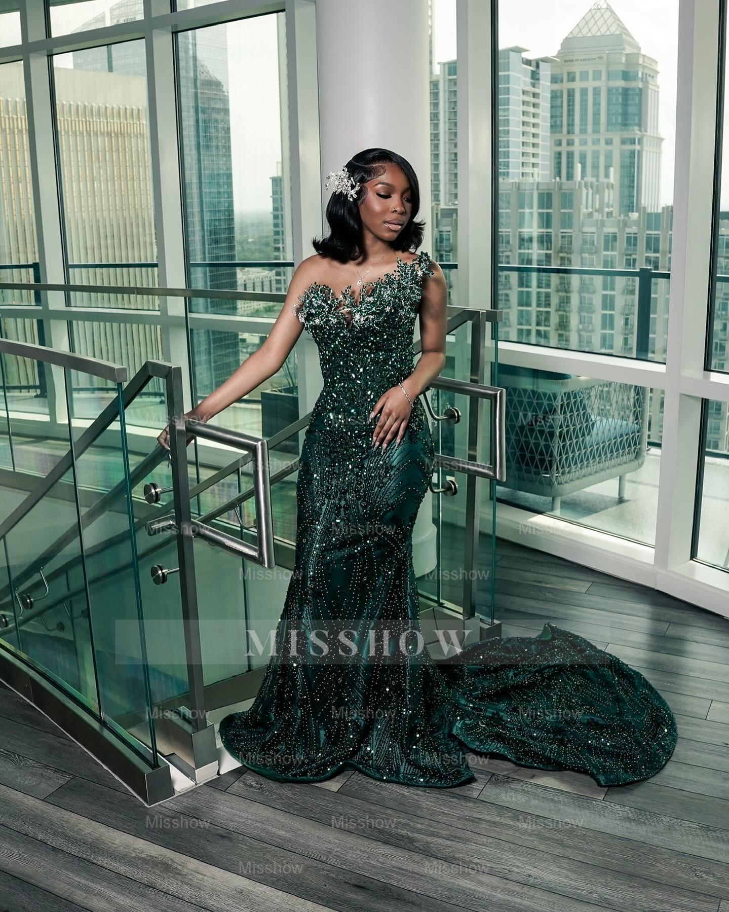 Attractive Dark Green Strapless Beaded Lace Long Prom Dress