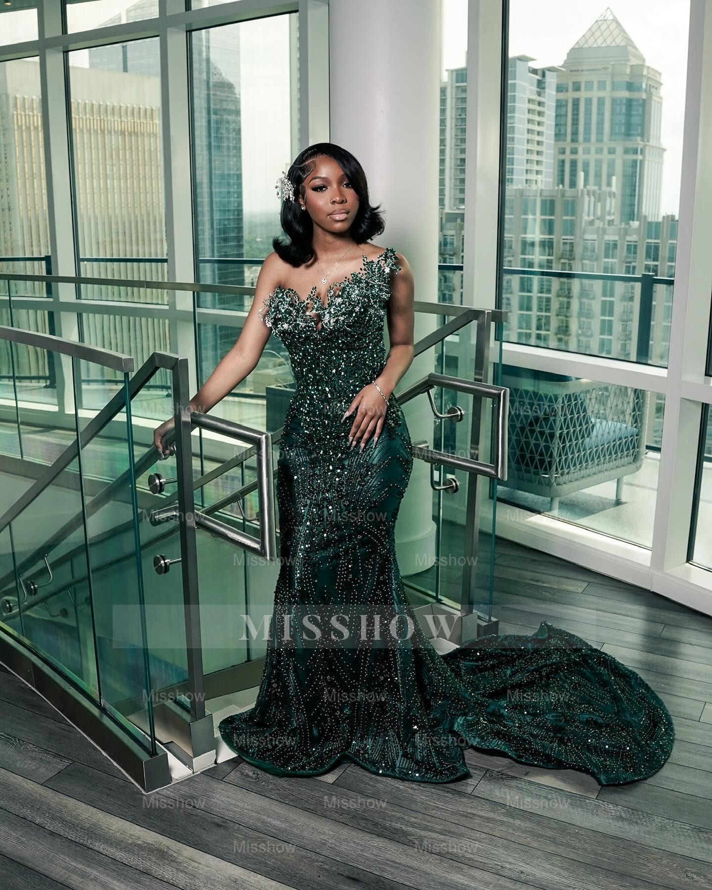 Attractive Dark Green Strapless Beaded Lace Long Prom Dress