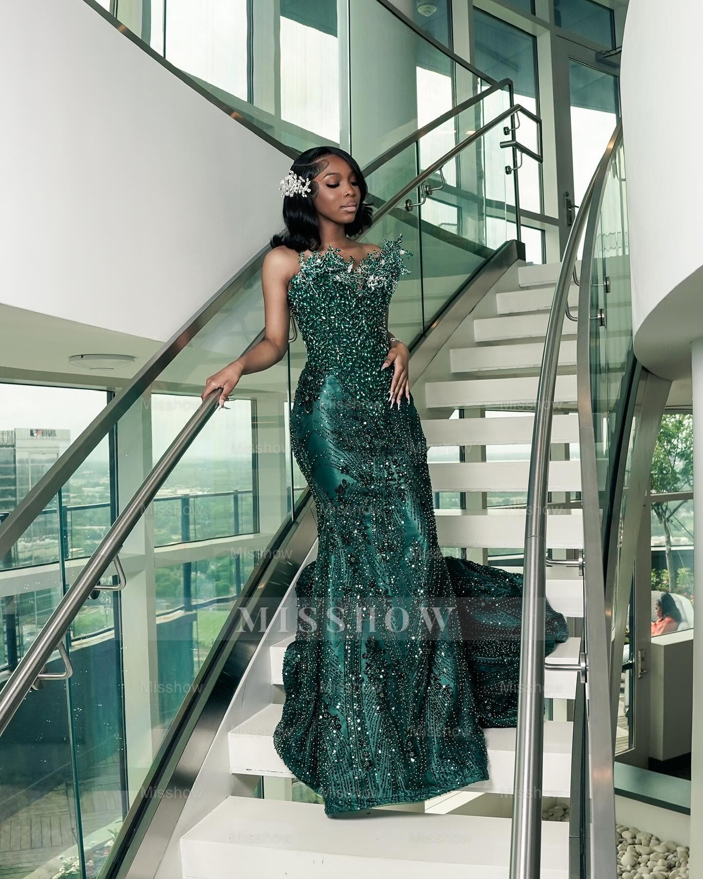 Attractive Dark Green Strapless Beaded Lace Long Prom Dress