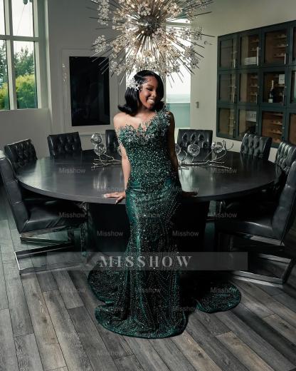 Attractive Dark Green Strapless Beaded Lace Long Prom Dress