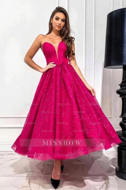 Attractive Fuchsia A-line Sweetheart Strapless Sequined Prom Evening Dresses