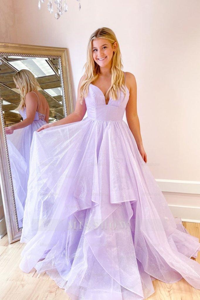 Attractive Lilac Spaghetti Strap Deep V Neck Sleeveless Long Formal Dress With Sequins