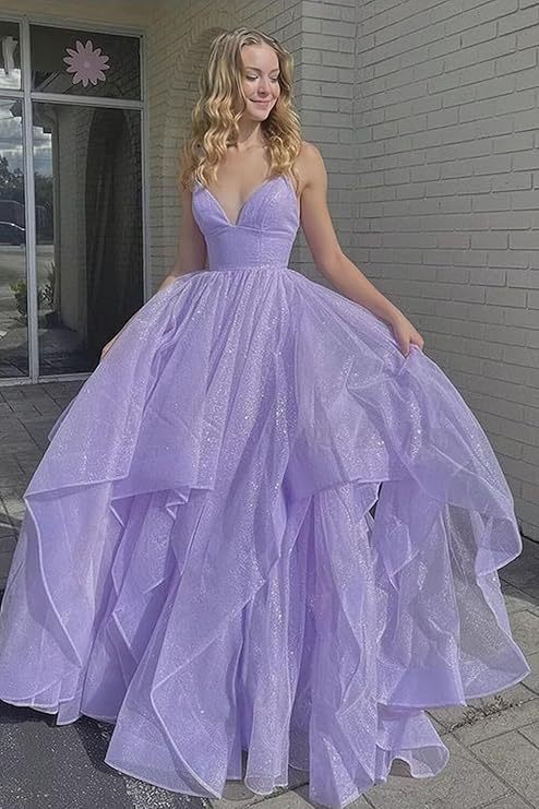 Attractive Lilac Spaghetti Strap Deep V Neck Sleeveless Long Formal Dress With Sequins