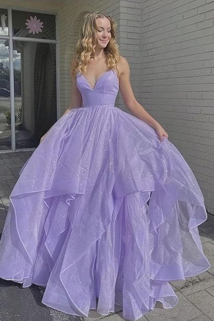 Attractive Lilac Spaghetti Strap Deep V Neck Sleeveless Long Formal Dress With Sequins