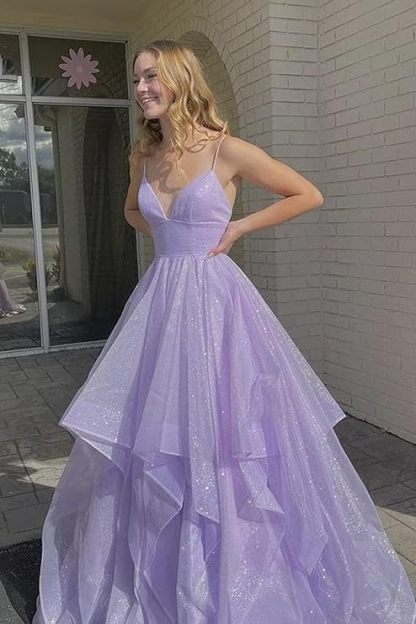 Attractive Lilac Spaghetti Strap Deep V Neck Sleeveless Long Formal Dress With Sequins
