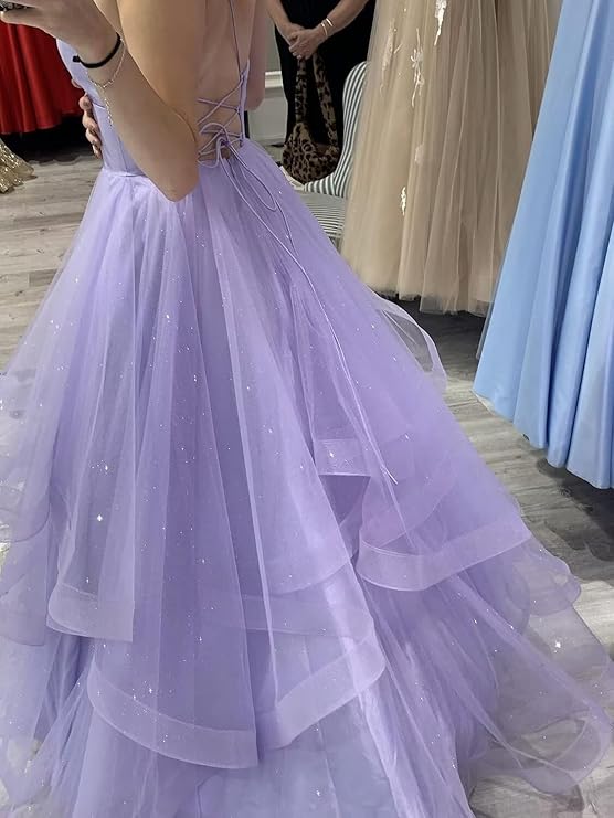 Attractive Lilac Spaghetti Strap Deep V Neck Sleeveless Long Formal Dress With Sequins