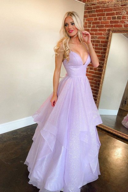 Attractive Lilac Spaghetti Strap Deep V Neck Sleeveless Long Formal Dress With Sequins