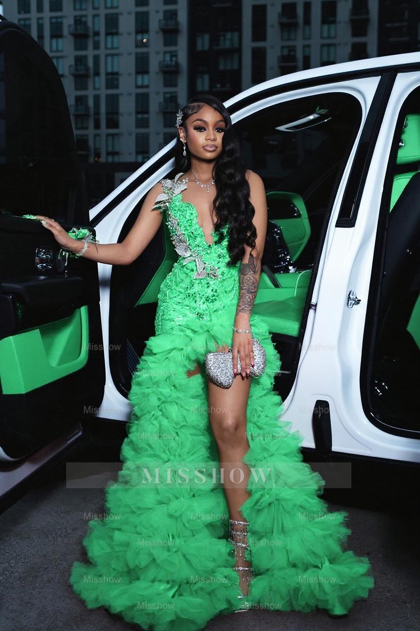 Attractive Long A-line Red Sleeveless Appliques Beaded Prom Dress with Slit