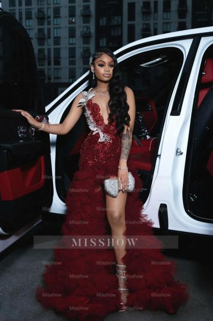 Attractive Long A-line Red Sleeveless Appliques Beaded Prom Dress with Slit