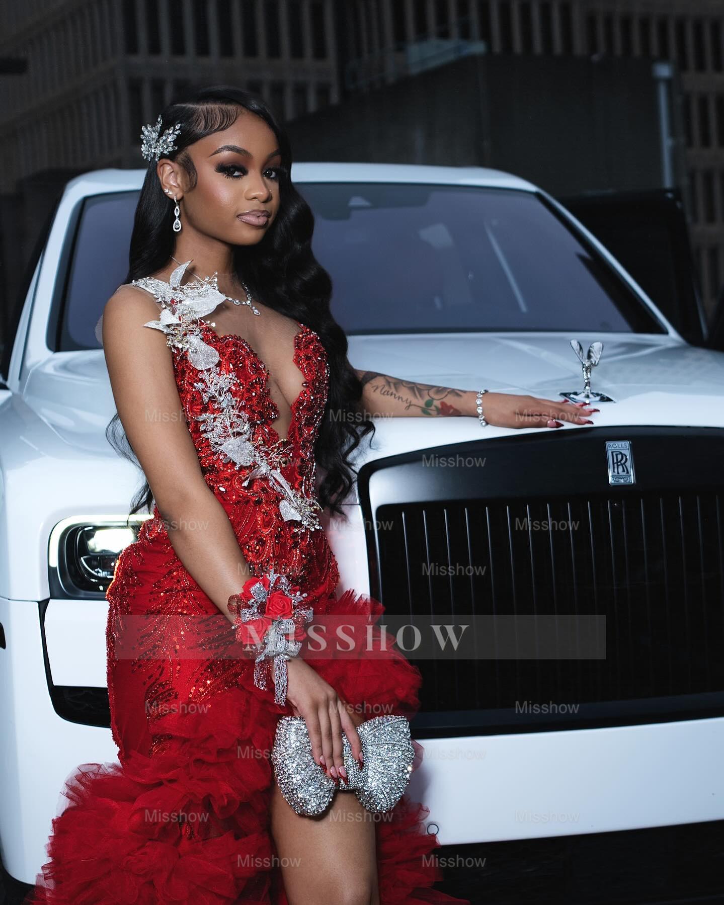 Attractive Long A-line Red Sleeveless Appliques Beaded Prom Dress with Slit