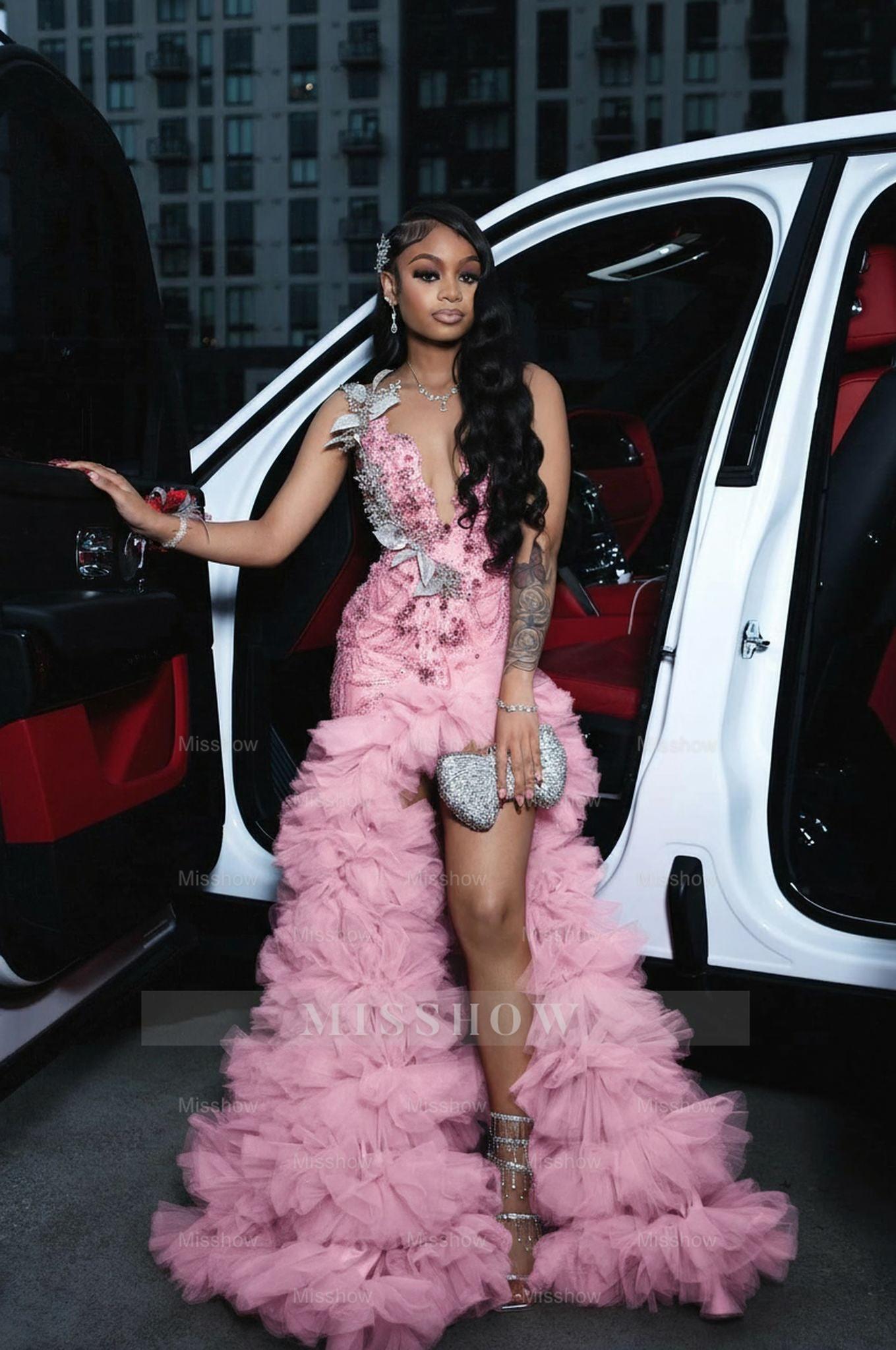 Attractive Long A-line Red Sleeveless Appliques Beaded Prom Dress with Slit