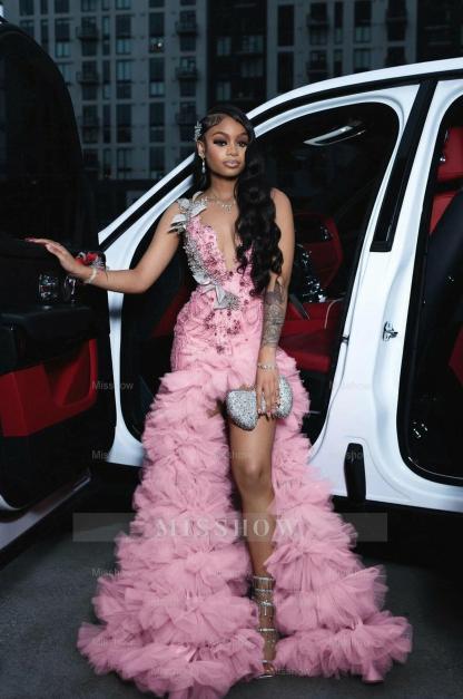 Attractive Long A-line Red Sleeveless Appliques Beaded Prom Dress with Slit