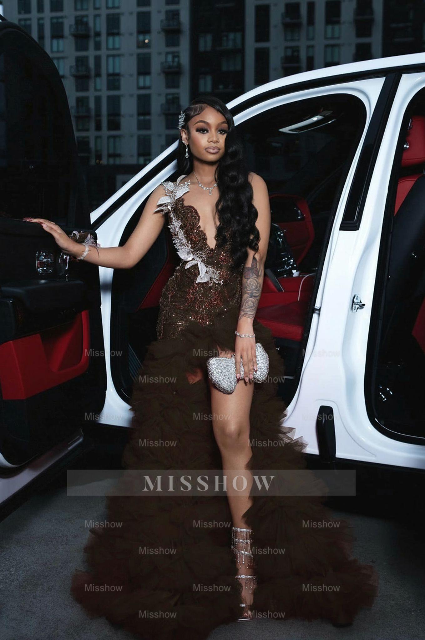 Attractive Long A-line Red Sleeveless Appliques Beaded Prom Dress with Slit