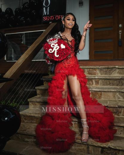 Attractive Long A-line Red Sleeveless Appliques Beaded Prom Dress with Slit