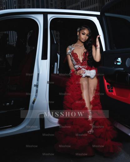 Attractive Long A-line Red Sleeveless Appliques Beaded Prom Dress with Slit