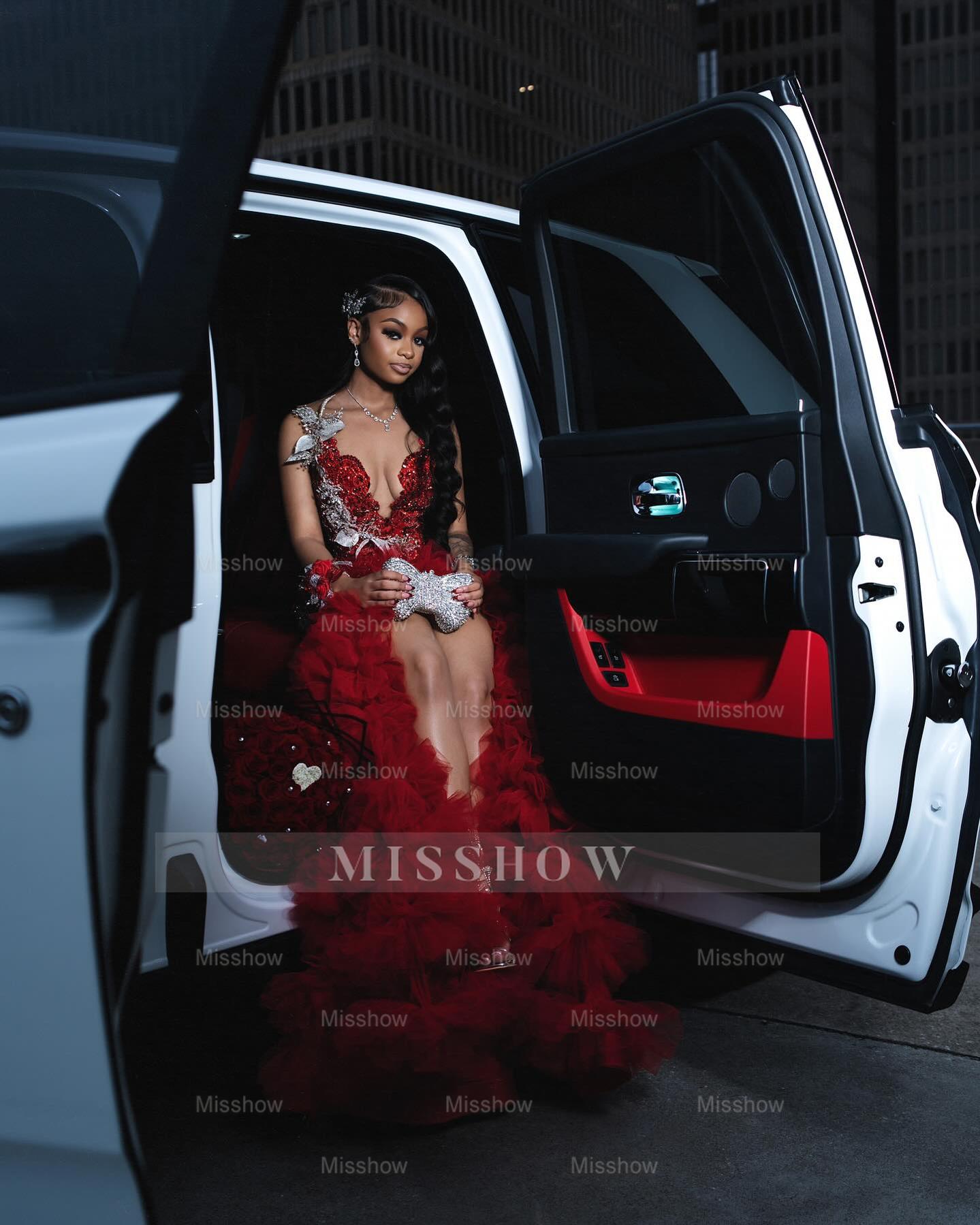 Attractive Long A-line Red Sleeveless Appliques Beaded Prom Dress with Slit