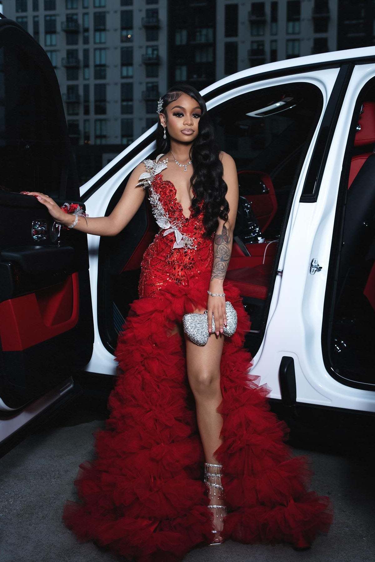 Attractive Long A-line Red Sleeveless Appliques Beaded Prom Dress with Slit