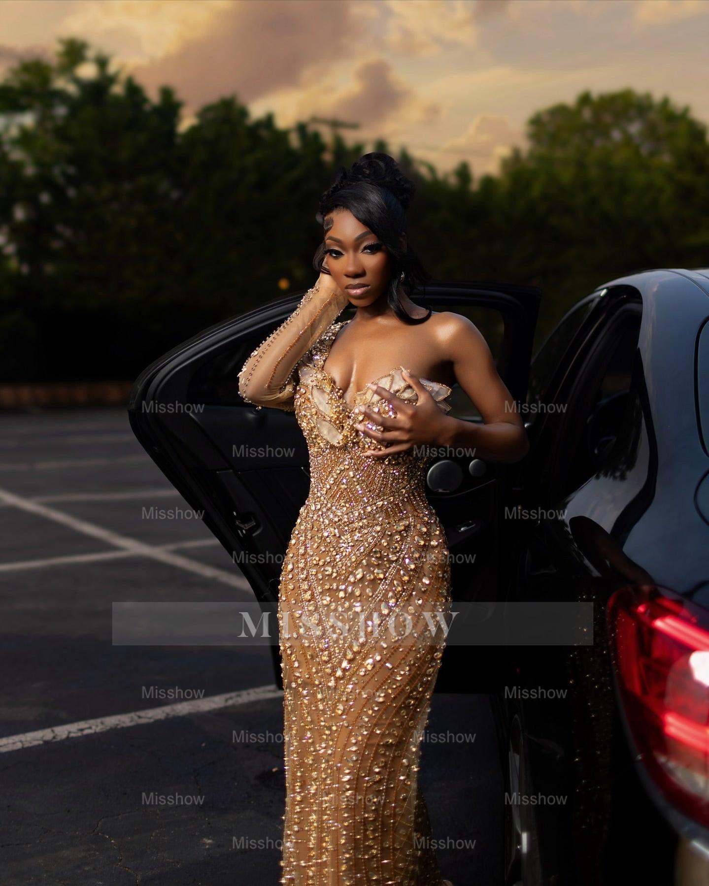 Attractive Long Champagne One Shoulder Long-Sleeve Mermaid Prom Dress with Rhinestones