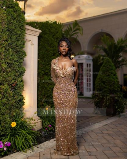 Attractive Long Champagne One Shoulder Long-Sleeve Mermaid Prom Dress with Rhinestones
