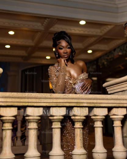 Attractive Long Champagne One Shoulder Long-Sleeve Mermaid Prom Dress with Rhinestones