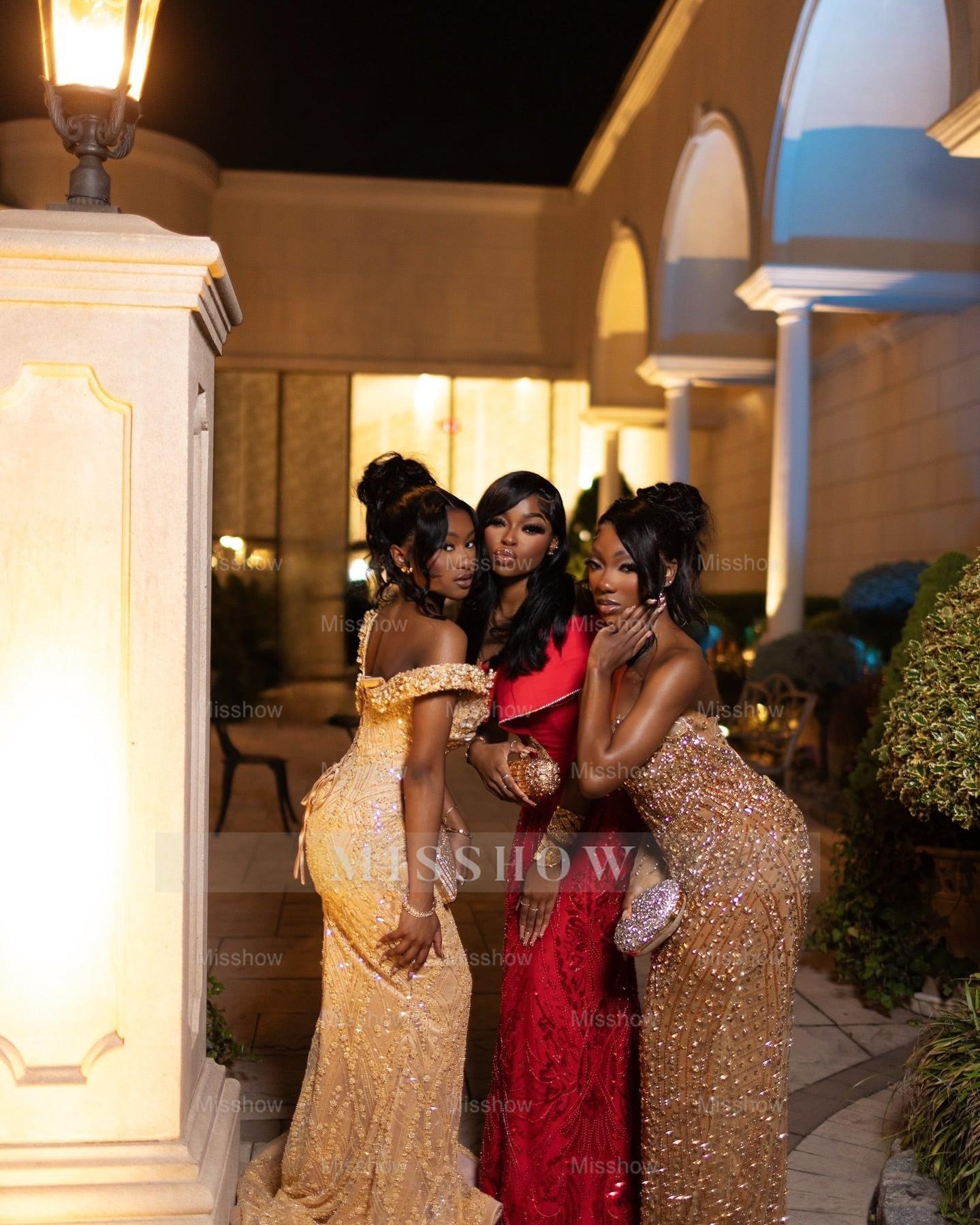 Attractive Long Champagne One Shoulder Long-Sleeve Mermaid Prom Dress with Rhinestones