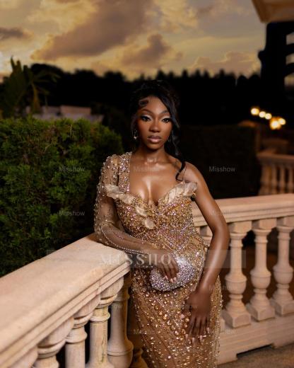 Attractive Long Champagne One Shoulder Long-Sleeve Mermaid Prom Dress with Rhinestones