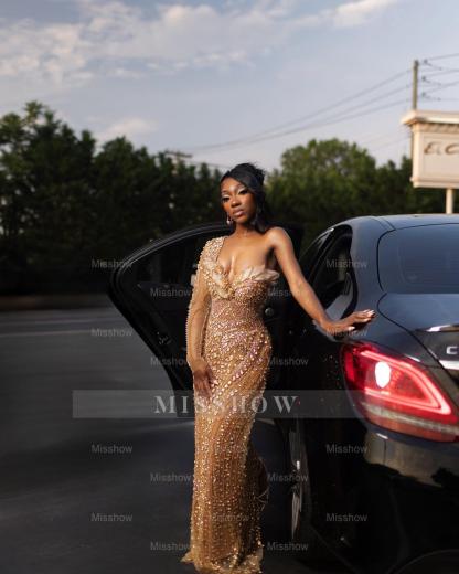 Attractive Long Champagne One Shoulder Long-Sleeve Mermaid Prom Dress with Rhinestones