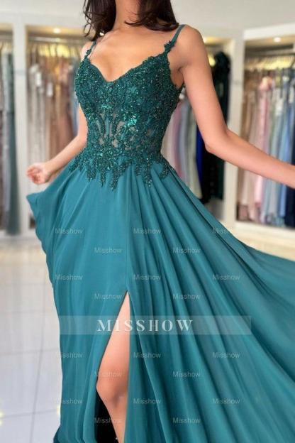 Attractive Long Green A-line Spaghetti Straps Lace Prom Evening Dresses with Slit