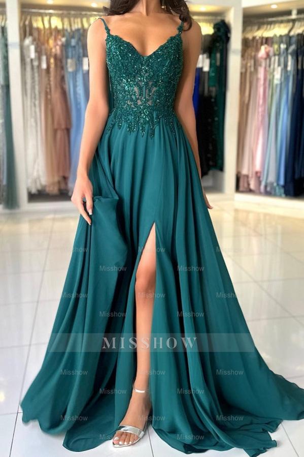 Attractive Long Green A-line Spaghetti Straps Lace Prom Evening Dresses with Slit
