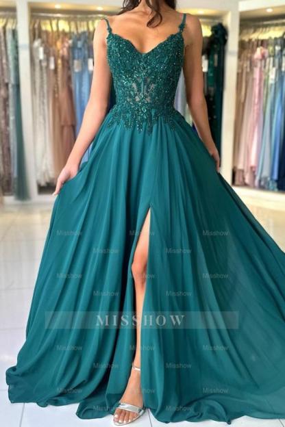 Attractive Long Green A-line Spaghetti Straps Lace Prom Evening Dresses with Slit