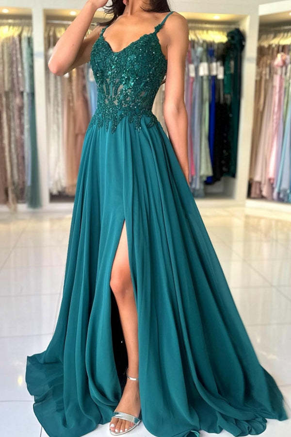Attractive Long Green A-line Spaghetti Straps Lace Prom Evening Dresses with Slit