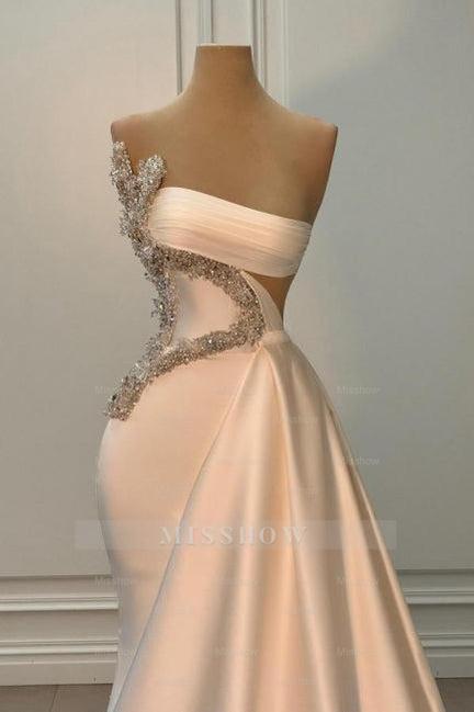 Attractive Long Ivory Strapless Beading Satin Sleeveless Prom Evening Dresses