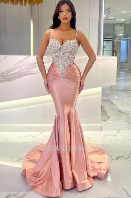 Attractive Long Mermaid Spaghetti Straps Lace Prom Evening Dresses with Train