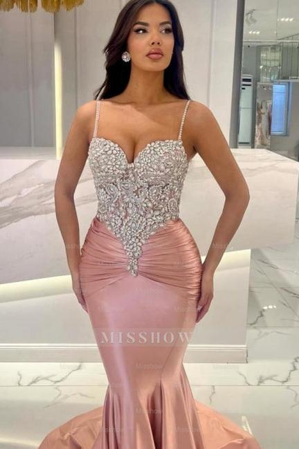 Attractive Long Mermaid Spaghetti Straps Lace Prom Evening Dresses with Train