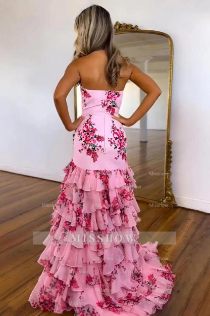Attractive Long Pink Strapless Mermaid Floral Prom Dress