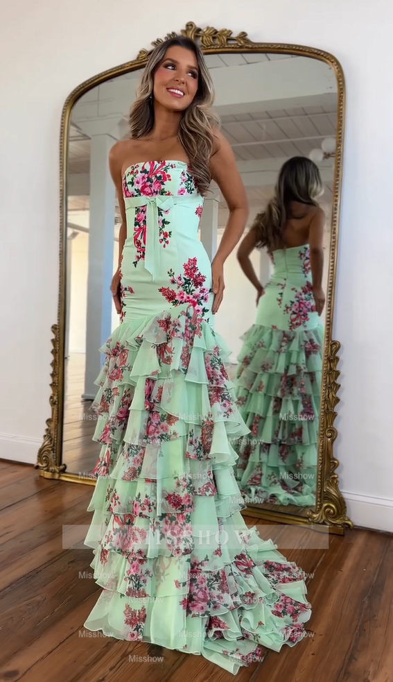 Attractive Long Pink Strapless Mermaid Floral Prom Dress