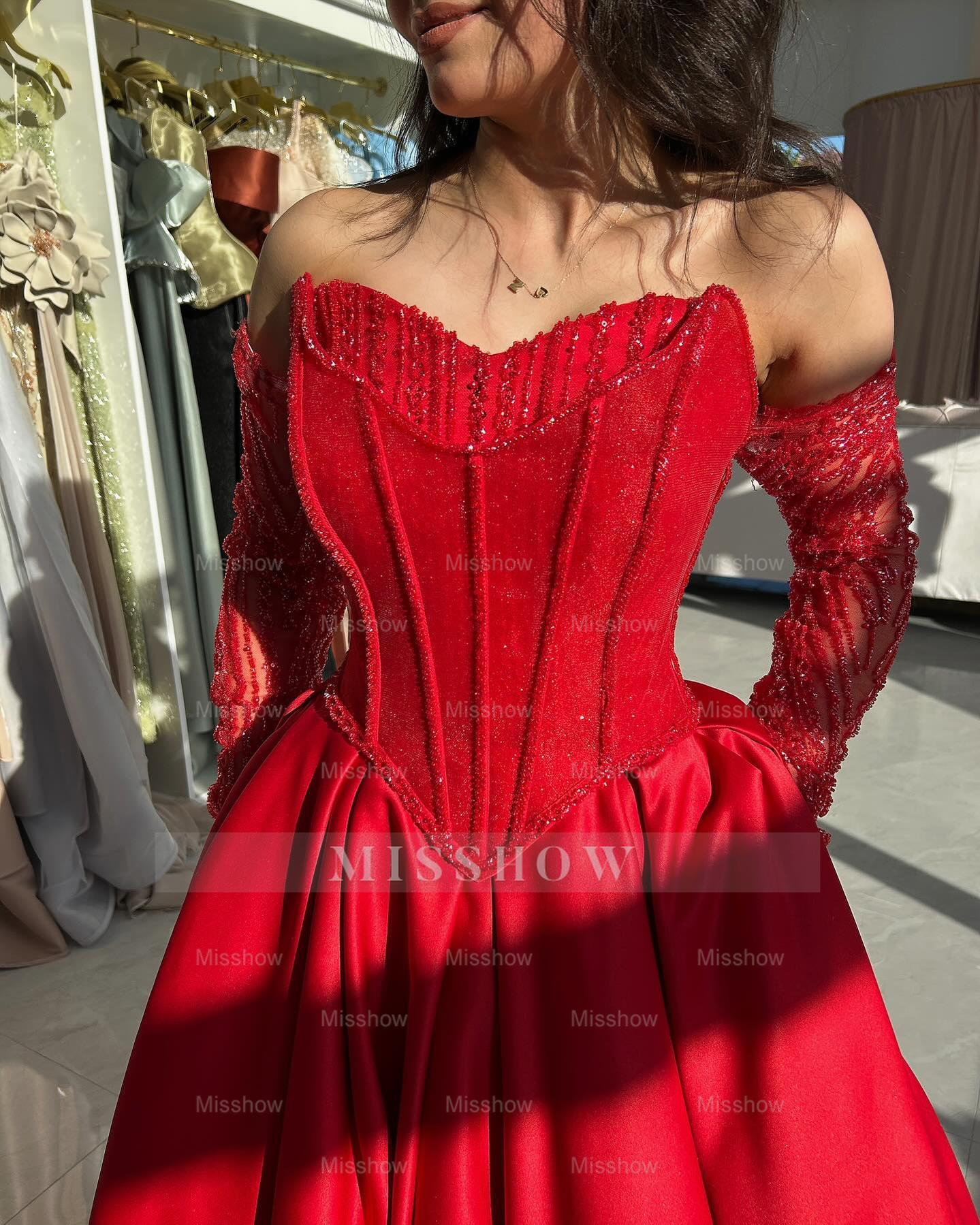 Attractive Long Red A-Line Sweetheart Long-Sleeve Formal Dress with Beadings