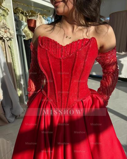 Attractive Long Red A-Line Sweetheart Long-Sleeve Formal Dress with Beadings