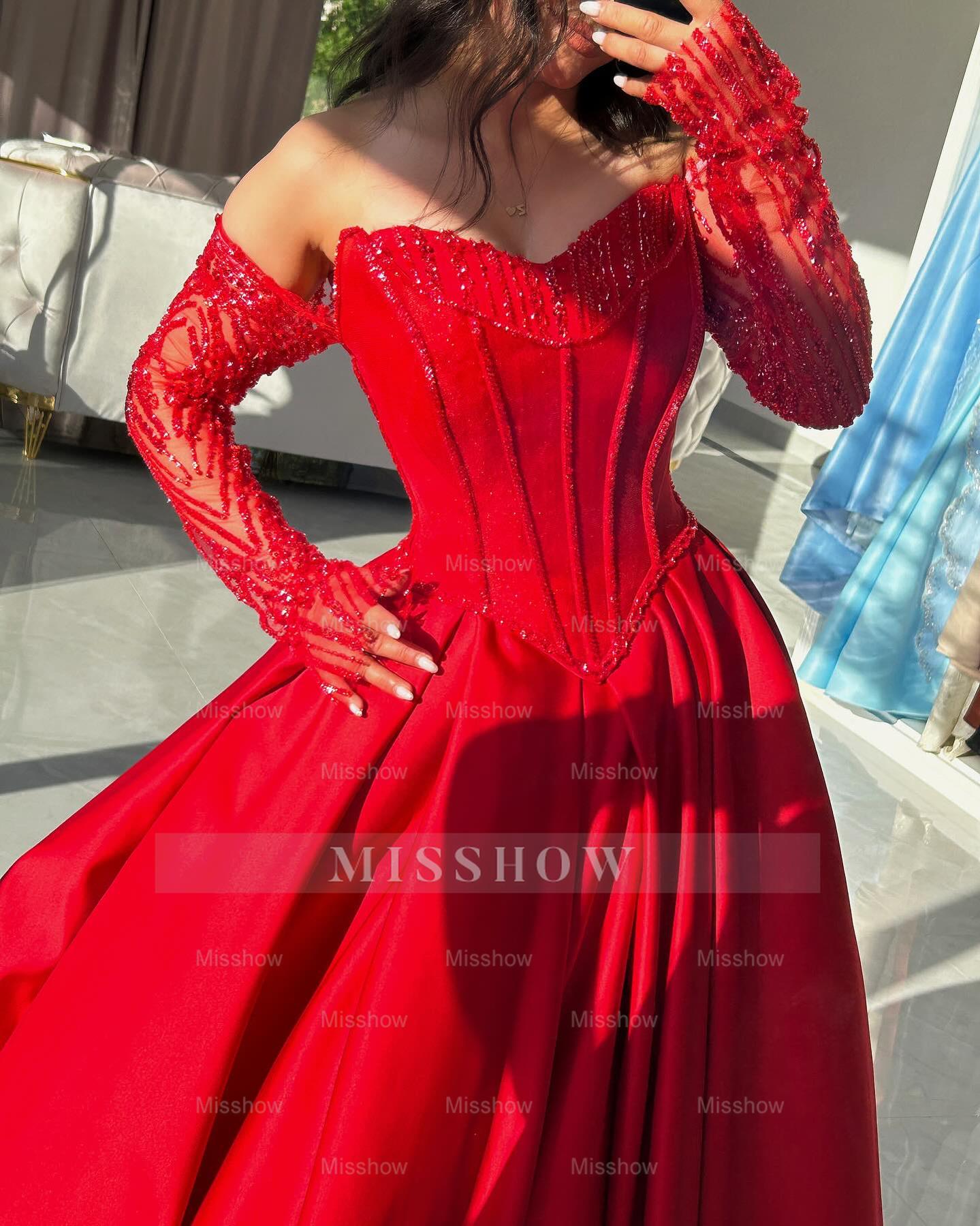 Attractive Long Red A-Line Sweetheart Long-Sleeve Formal Dress with Beadings