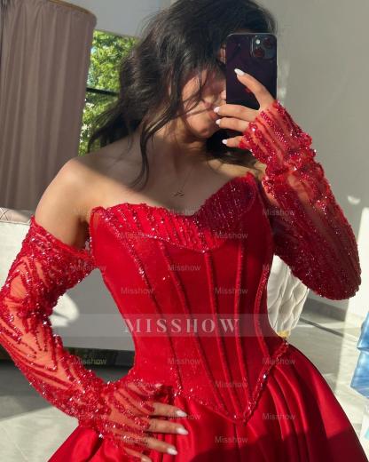 Attractive Long Red A-Line Sweetheart Long-Sleeve Formal Dress with Beadings